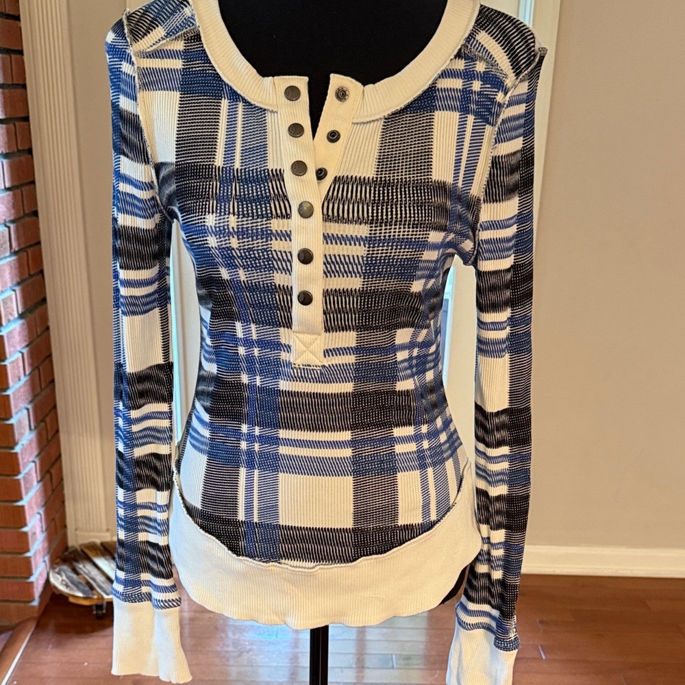 Navy and White Plaid Button-Down Women's Shirt